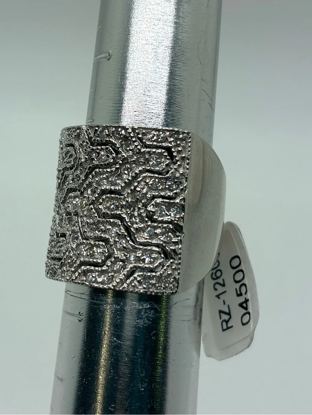 WIDE SILVER GEOMETRIC PATTERNED STERLING SILVER RING, SIZE 6